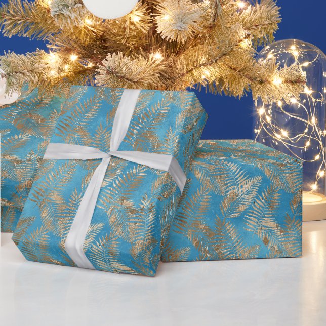 Papier Cadeau Turquoise Blue Gold Tropical Feuilles (Vacances)