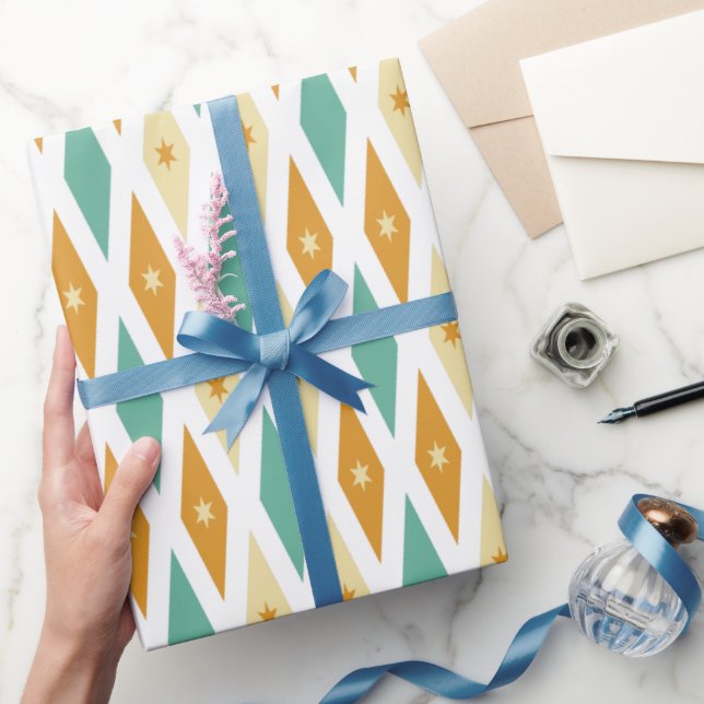 Papier Cadeau Turquoise Blue Orange Cream Jacquard Diamond Star (Cadeaux)