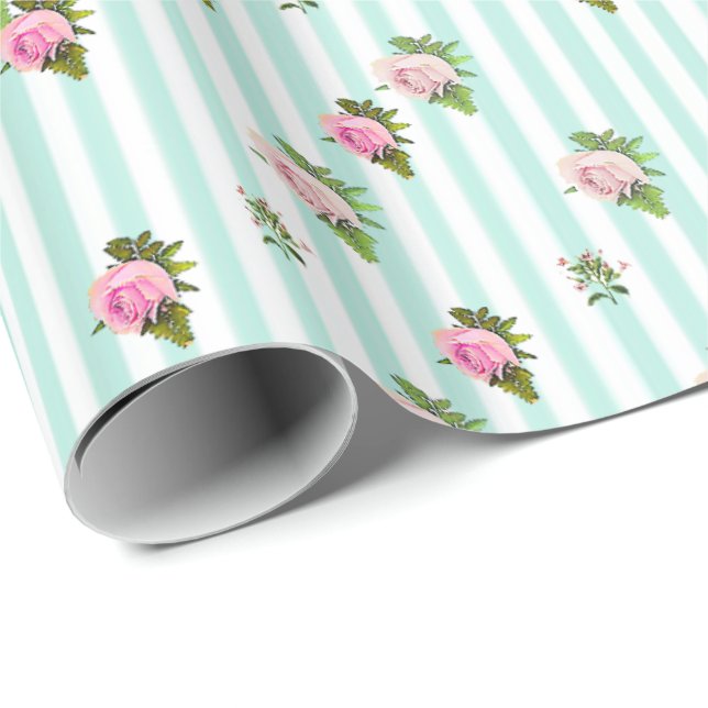 Papier Cadeau Turquoise et rose floral chic Roses enveloppé cade (Coin rond)