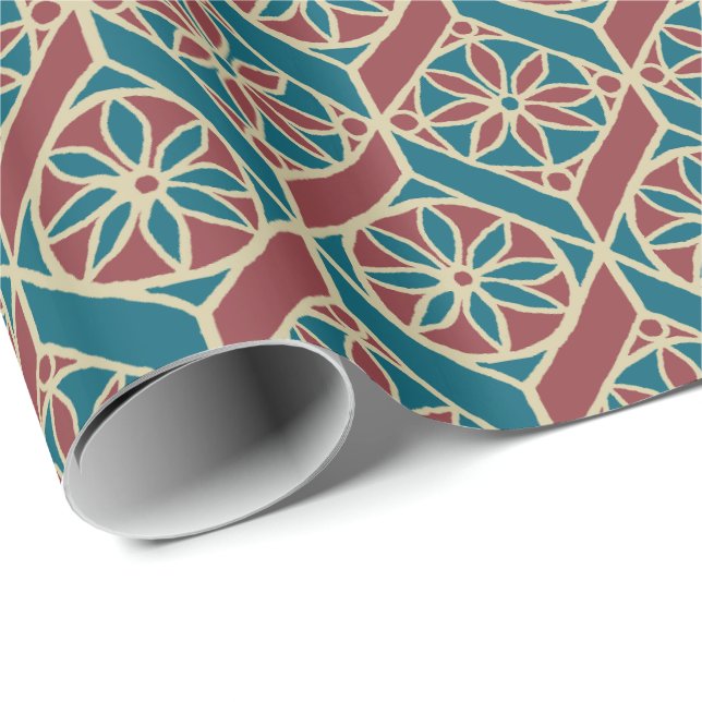 Papier Cadeau Turquoise, Maroon, Beige Ethnic Floral (Coin rond)