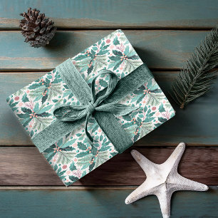 Papier Cadeau Turquoise Noël Holly Berries Motif#17 ID1009