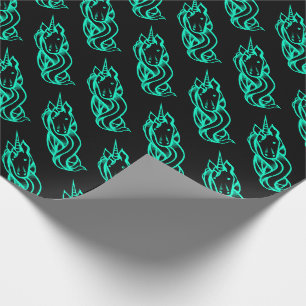 Papier Cadeau Turquoise Noir Motif Licorne Mignon Magique