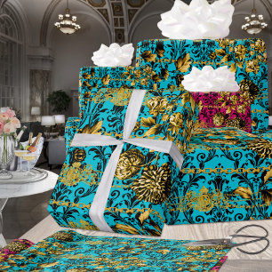 Papier Cadeau Turquoise Or Noir Acanthus Feuilles Floral Élégant