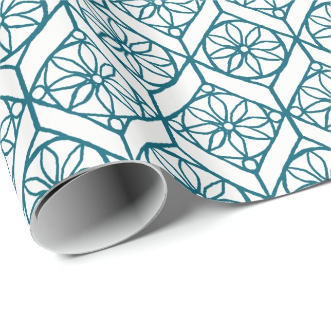 Papier Cadeau Turquoise sur Motif ethnique blanc, Fleurs, Chevro (Coin rond)