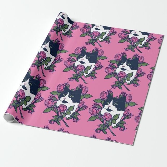 Papier Cadeau Tuxedo Cat Peony Floral Art Tuxie Cats (Déroulé)