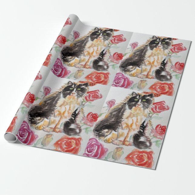 Papier Cadeau Tuxedo Chat Cute Rose Fleurs Chats Aquarelle Rose (Déroulé)
