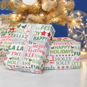 Papier Cadeau Typographie de Noël rouge et vert sans couture