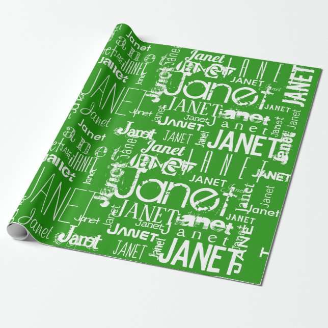 Papier Cadeau Typographie de nom personnalisée Blanc Vert (Déroulé)