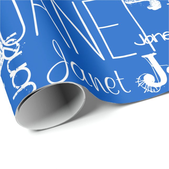 Papier Cadeau Typographie de nom personnalisée Bleu blanc (Coin rond)