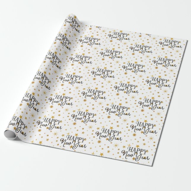 Papier Cadeau Typographie élégante White Gold Stars Bonne année (Déroulé)