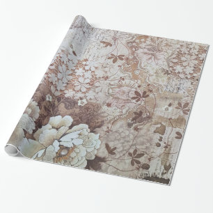 Papier Cadeau Typographie florale de dentelle brune ene ivoire
