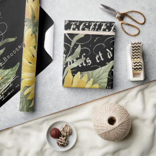 Papier Cadeau Typographie vintage et tournesols sur fond noir