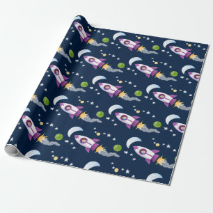 Papier Cadeau Un adorable vaisseau-fusée dans l'espace dessin an