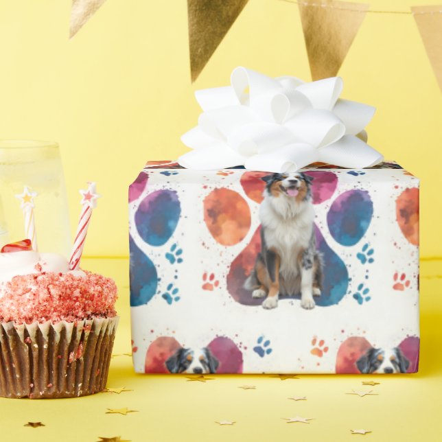 Papier Cadeau Un berger australien en empreinte (Fête d'anniversaire)