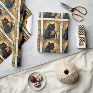 Papier Cadeau Un chat noir familier et champignons Halloween 1
