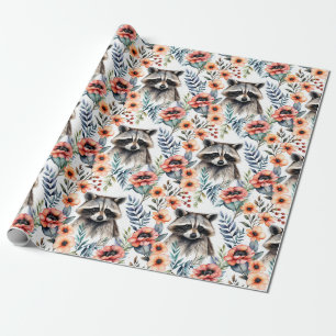 Papier Cadeau Un joli raton laveur parmi les fleurs