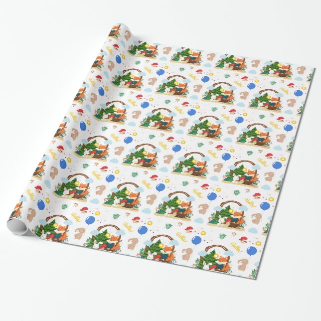 Papier Cadeau Un mignon renard et lapin dans la forêt (Déroulé)