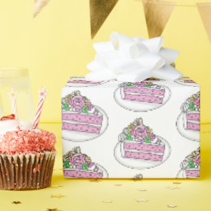 Papier Cadeau Un morceau de gâteau aux fleurs et aux papillons