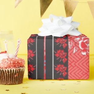 Papier Cadeau un motif rouge et noir avec des fleurs