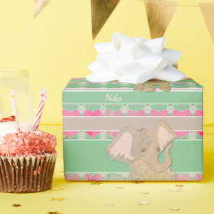 Papier Cadeau Un nouveau bébé garçon ! Eléphant et vert
