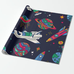 Papier Cadeau Un vaisseau spatial en motif sans couture Galaxy. 