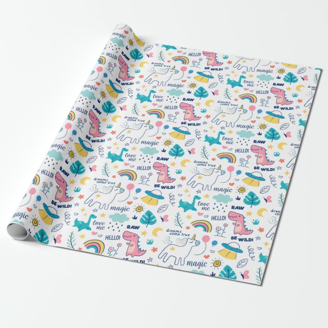 Papier Cadeau Unicorn Et Motif Dinosaure (Déroulé)