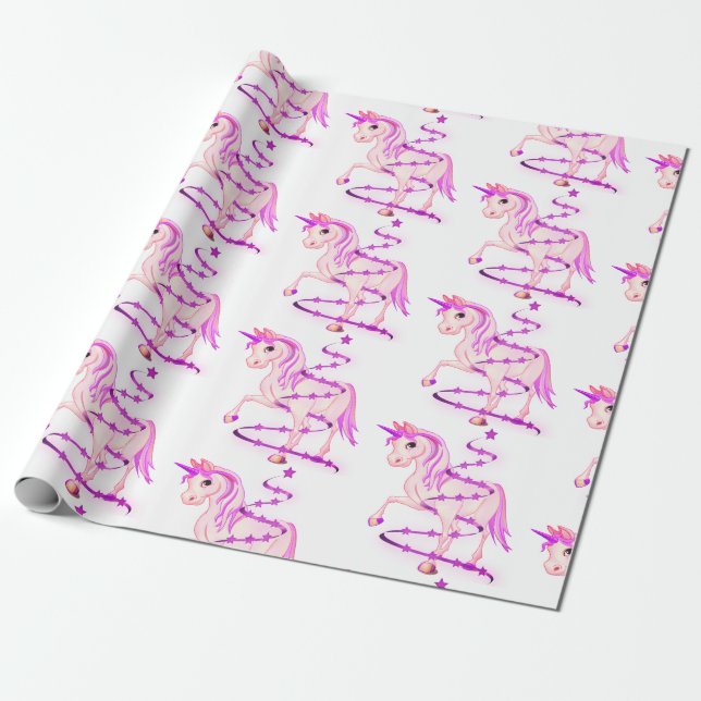 Papier Cadeau Unicorn rose blanc Noël Arbre mignonne fille (Déroulé)