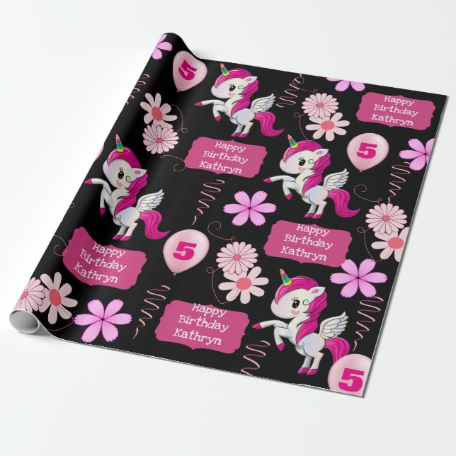 Papier Cadeau Unicornes d'anniversaire personnalisées (Déroulé)