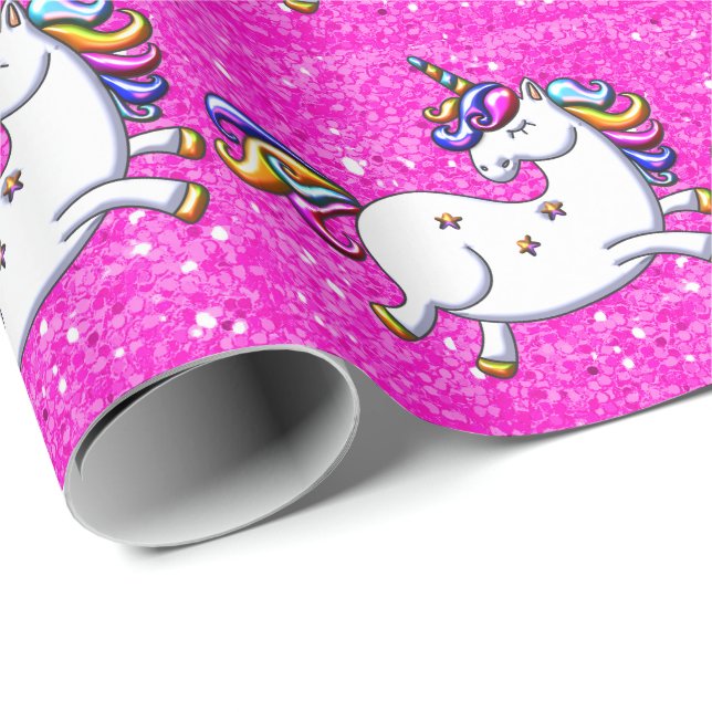 Papier Cadeau Unicornes de Parties scintillant rose (Coin rond)