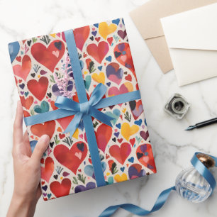 Papier Cadeau Unique Artsy Color Love Hearts Watercolor Motif