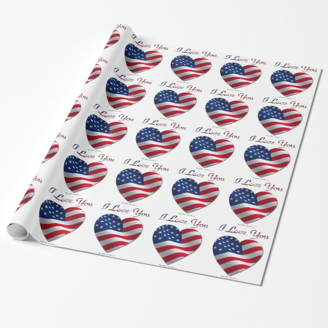 Papier Cadeau USA Flag Heart Je t'aime (Déroulé)