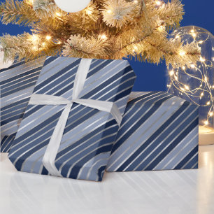 Papier Cadeau Vacances Bleu et Argent Foil Stripes de Noël