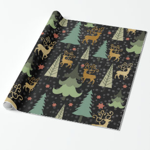Papier Cadeau Vacances de Noël - arbres et cerfs communs sur le