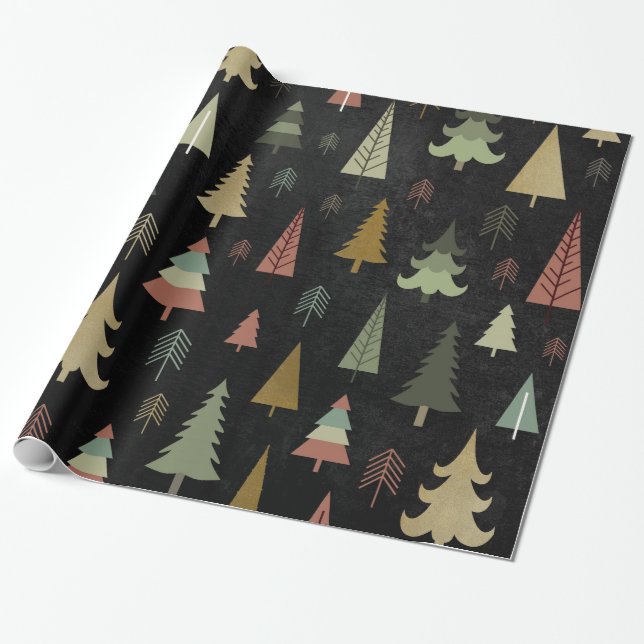 Papier Cadeau Vacances de Noël - arbres sur le noir (Déroulé)