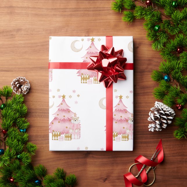 Papier Cadeau Vacances d'hiver rose ours coton (Cadeau de vacances)
