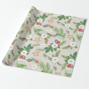 Papier Cadeau Vacances Envelopper crème Florale et étoiles