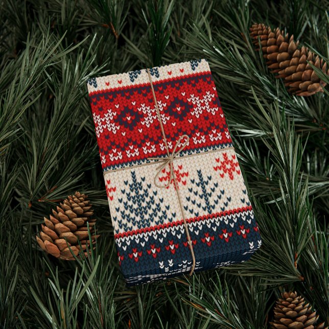 Papier Cadeau Vacances Faux Knit Noël Motif de la Marine Rouge (Cute Faux Knitting Pattern Christmas Wrapping Paper)