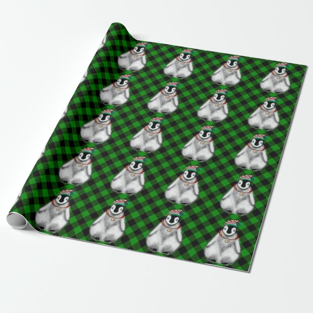 Papier Cadeau Vacances festives mignonnes Pingouin vert noir pla (Déroulé)