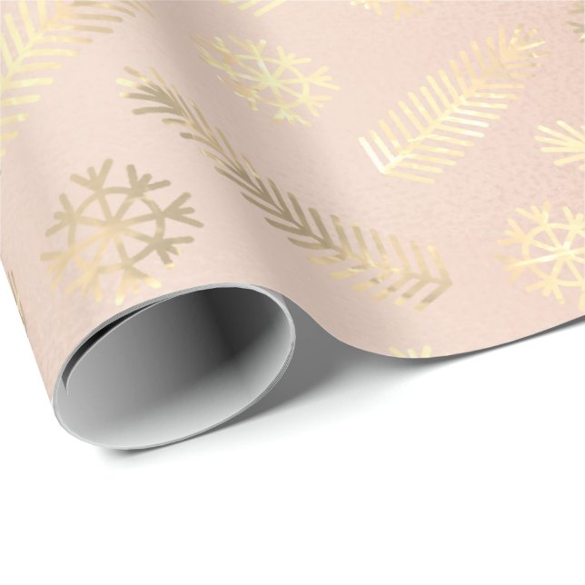 Papier Cadeau Vacances Noël Snowflakes Gold Rose Blush (Coin rond)