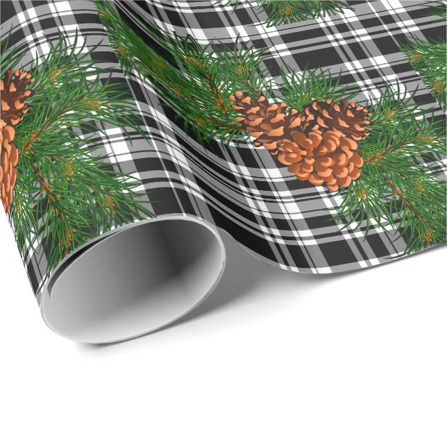 Papier Cadeau Vacances noir blanc Plaid avec détail cône de pin (Coin rond)