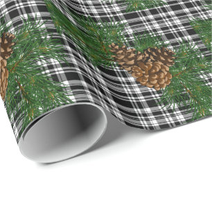 Papier Cadeau Vacances noir blanc Plaid avec détail cône de pin