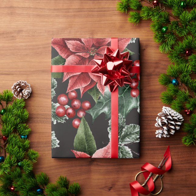 Papier Cadeau Vacances Rouge Poinsettias Pine Verdure Noël (Cadeau de vacances)