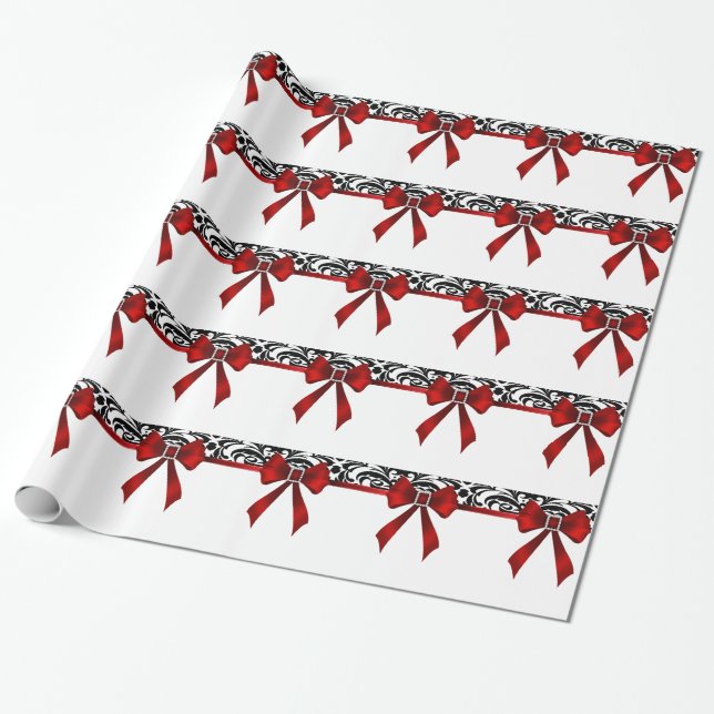 Papier Cadeau Vacances rouges ornées de bijoux de damassé d'arc (Déroulé)