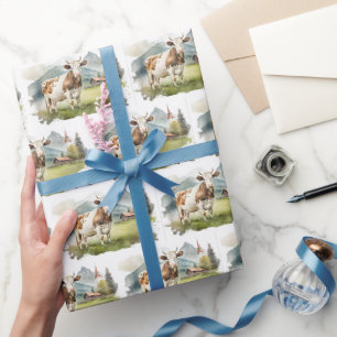 Papier Cadeau Vache Aquarelle Dans La Vallée De La Montagne