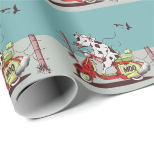 Papier Cadeau Vache avec un cyclomoteur rétro