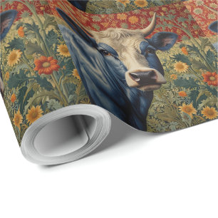 Papier Cadeau Vache bleu rétro dans le jardin de tournesol