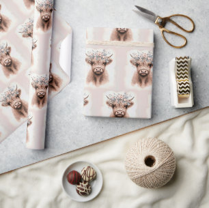 Papier Cadeau Vache bohème des Highlands avec laurier en fleurs