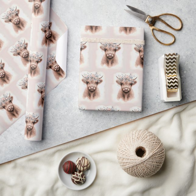 Papier Cadeau Vache Boho Highland Avec Tête Florale (Artisanat)