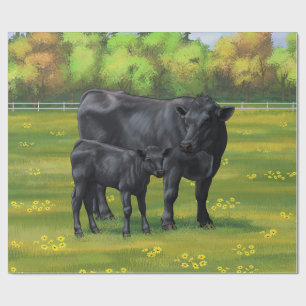 Papier Cadeau Vache d'Angus noir et veau mou en pâturage d'été