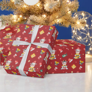 Papier Cadeau Vache d'aquarelle mignonne Motif à Noël rouge